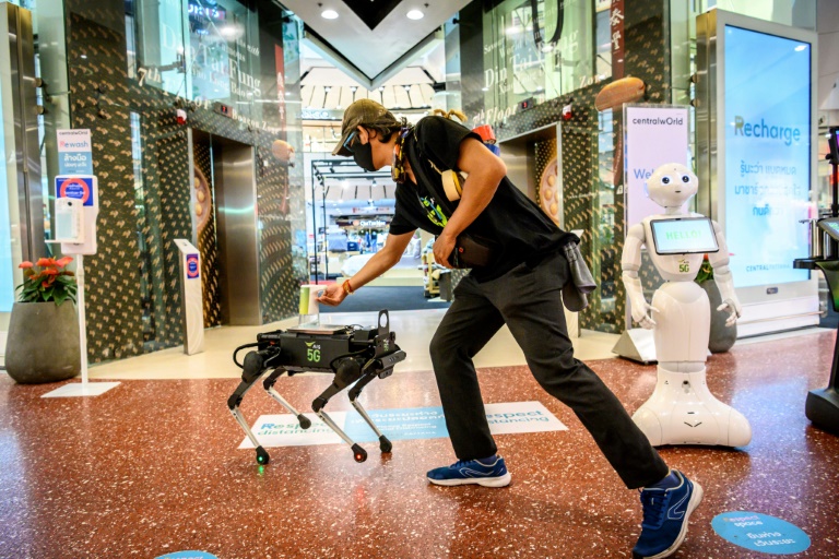 Anjing robot yang bernama K9 bergerak lincah di Mal Central World, Bangkok, Thailand.