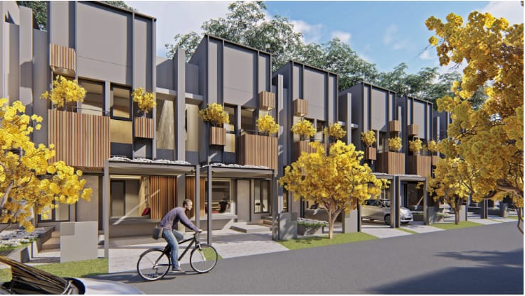 Invensihaus R terletak di kawasan Tabebuya seluas 10,3 hektare. Setiap rumah memiliki bangunan 2 1/2 lantai dan 3 kamar tidur.  