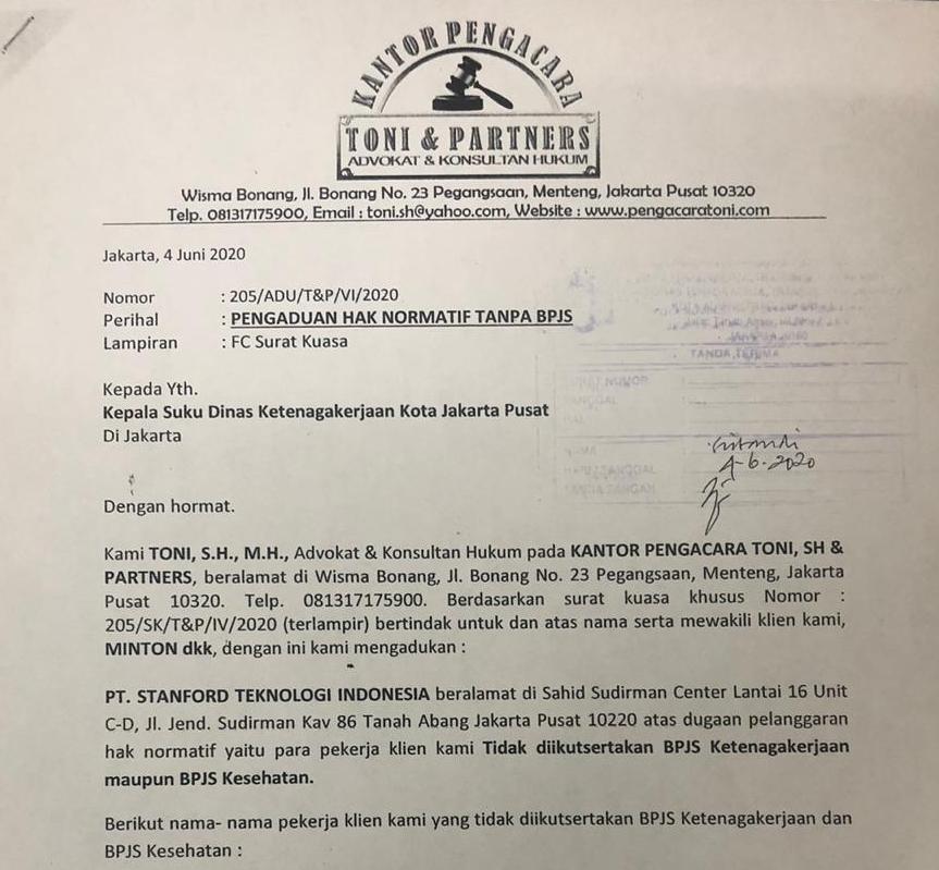 Tanda terima laporan ke Pengawas Ketenagakerjaan Suku Dinas Ketenagakerjaan Jakarta Pusat.