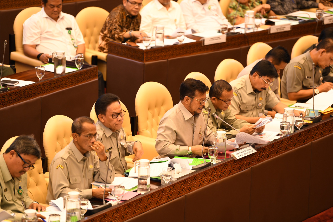 Mentan Syahrul Yasin Limpo (tengah) saat rapat kerja dengan DPR RI.