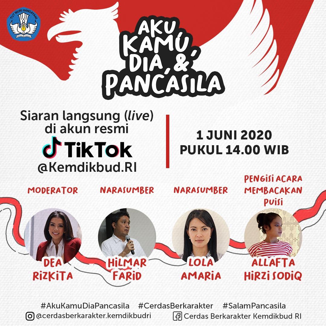 Kemendikbud menyelenggarakan diskusi santai dengan tema 'Aku, Kamu, Dia, dan Pancasila' di akun TikTok.
