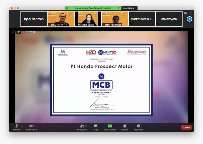 Penghargaan Marketing Continuity Brand yang diraih Honda, pada Jumat (5/6/2020)