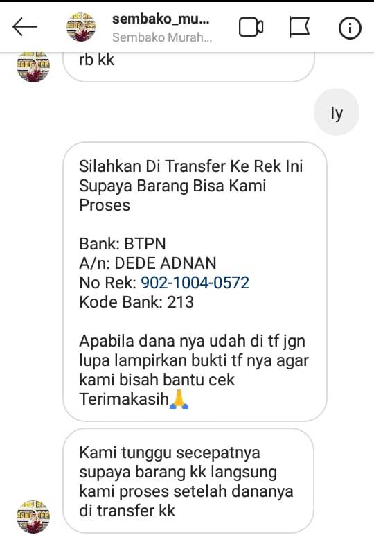 No rekening yang dikirim dari Istagram sembako_mura.co