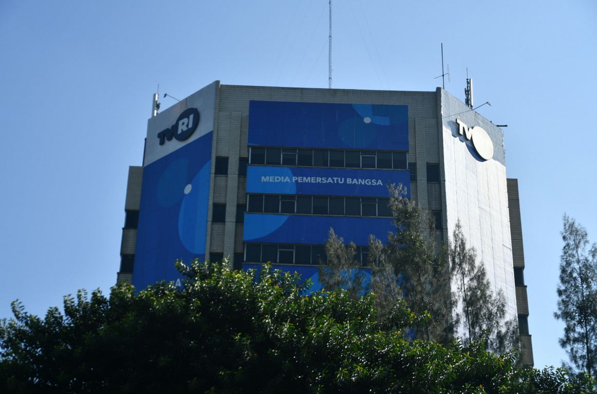Potret gedung Televisi Republik Indonesia (TVRI) di kawasan Senayan, Jakarta, Sabtu (30/5/2020).