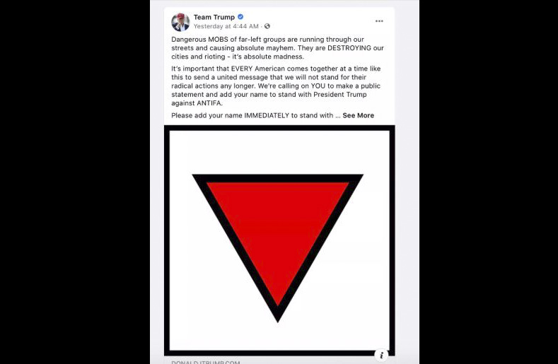 Facebook menghapus iklan yang diluncurkan tim kampanye pemilihan kembali Presiden Donald Trump yang memuat simbol tapol era Nazi.