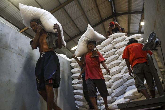 Pekerja mengangkut karung berisi beras di Gudang Perum Bulog Divre DKI Jakarta dan Banten, Kelapa Gading, Jakarta, Kamis (5/12/2019).