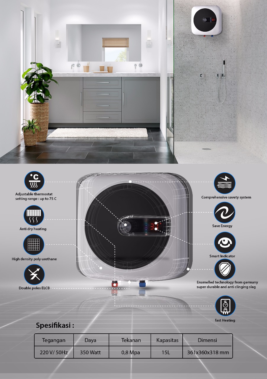 Water heater Kangaroo memiliki spesifikasi dengan daya 350 watt dan kapasitas 15 liter.