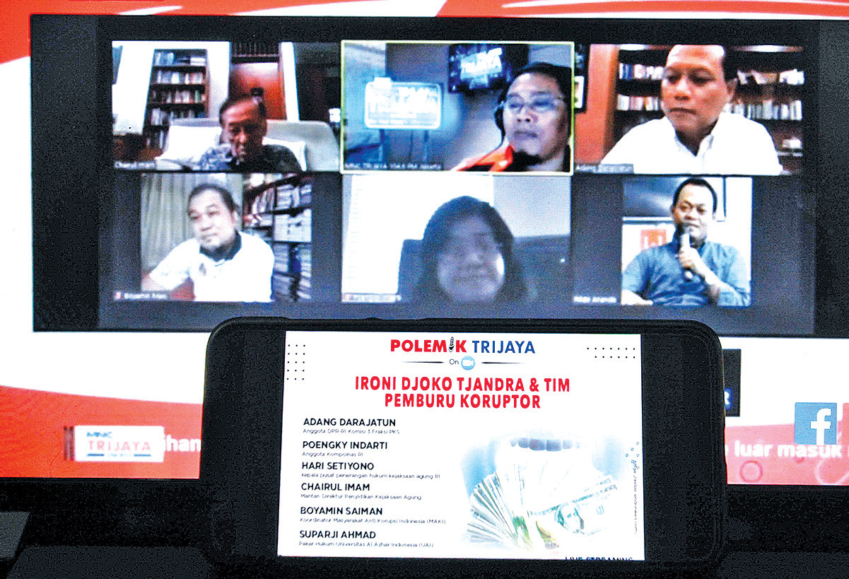 Para narasumber diskusi Polemik bertema Ironi Djoko Tjandra dan tim pemburu koruptor, di Jakarta, Sabtu (18/7/2020).