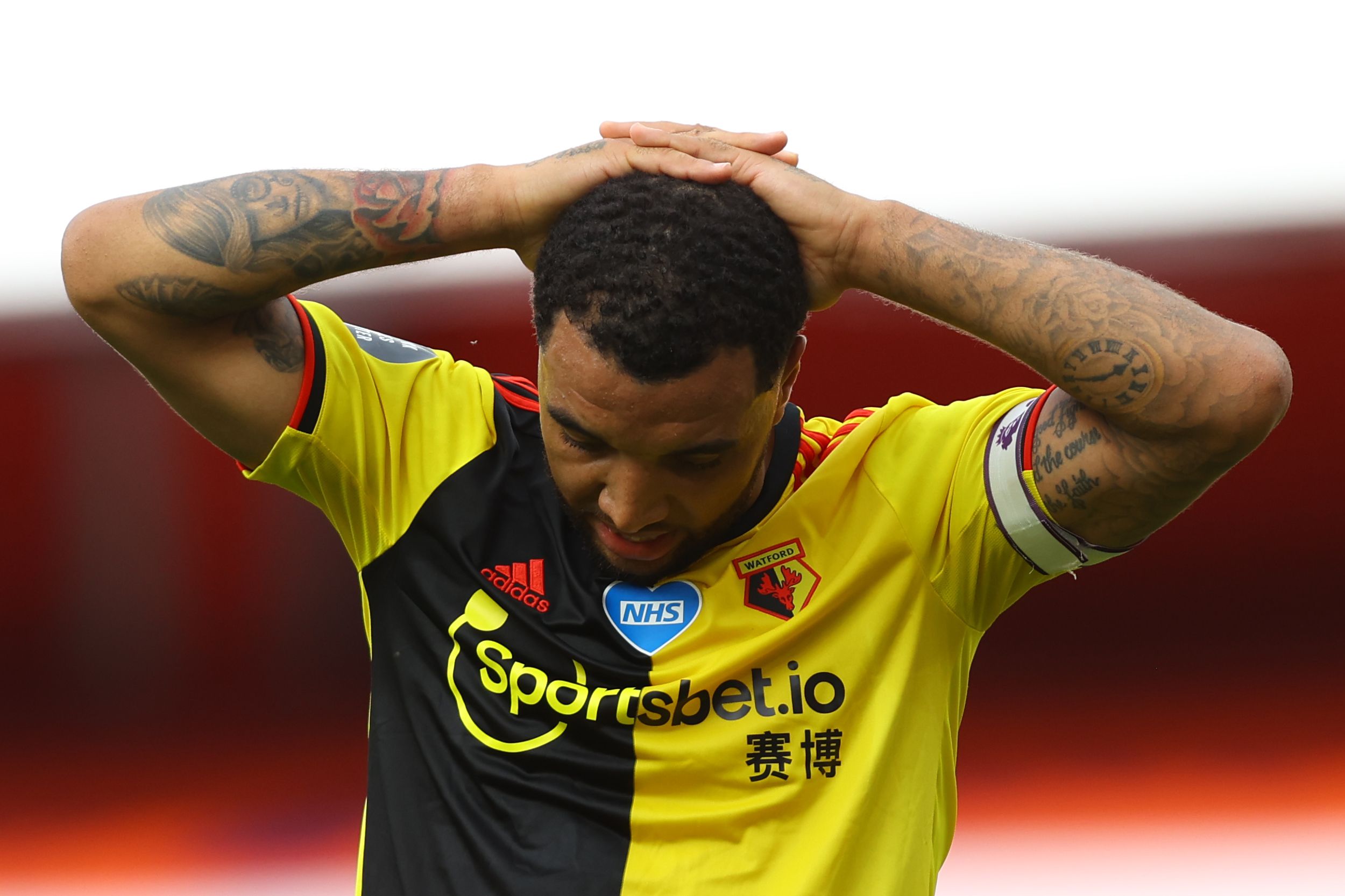 Kapten Watford Troy Deeney bereaksi setelah timnya dipastikan terdegradasi dari Liga Primer Inggris.