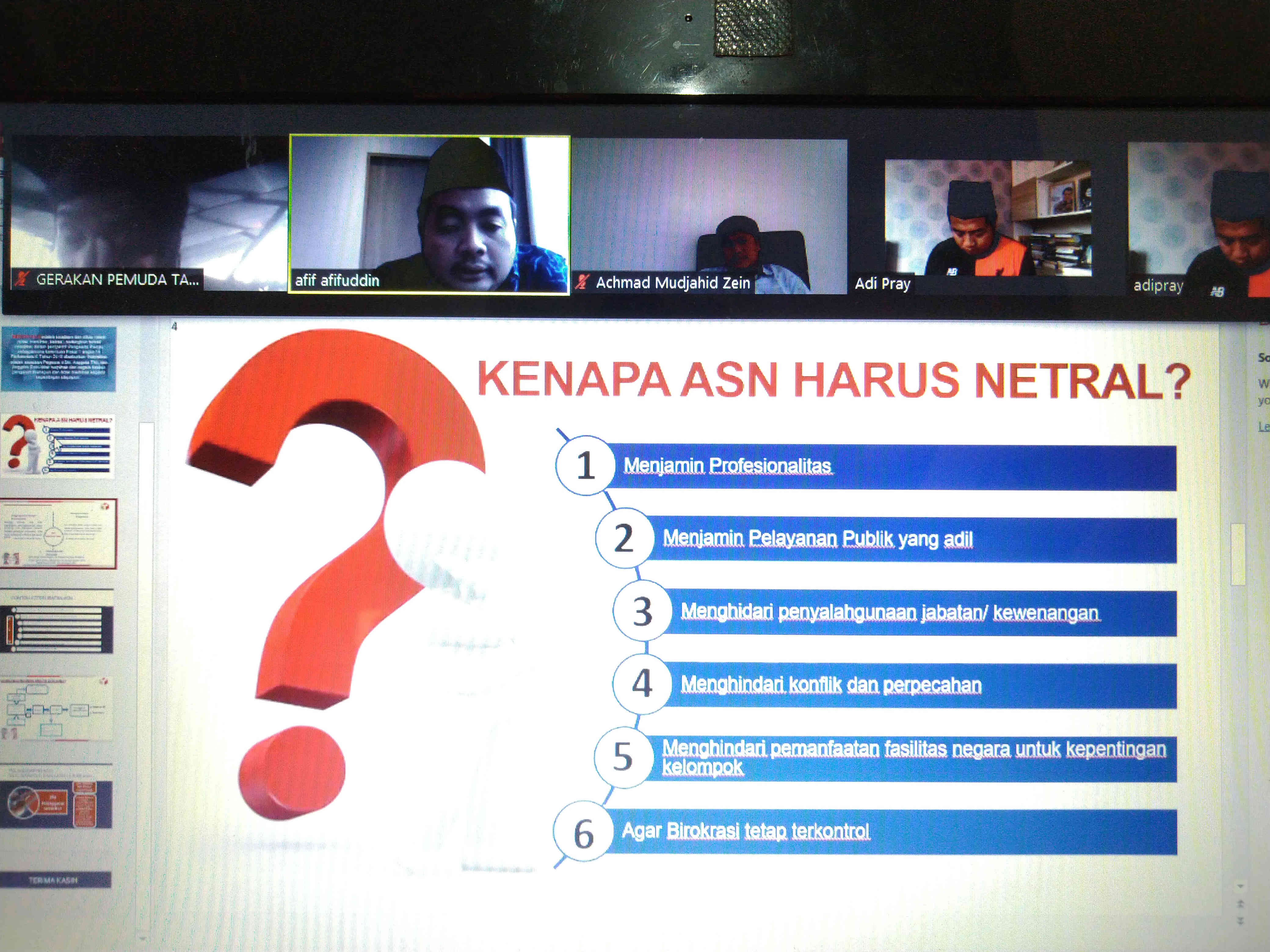 Para narasumber dalam diskusi daring tentang netralitas ASN di Pilkada Tangsel, Kamis (23/7)