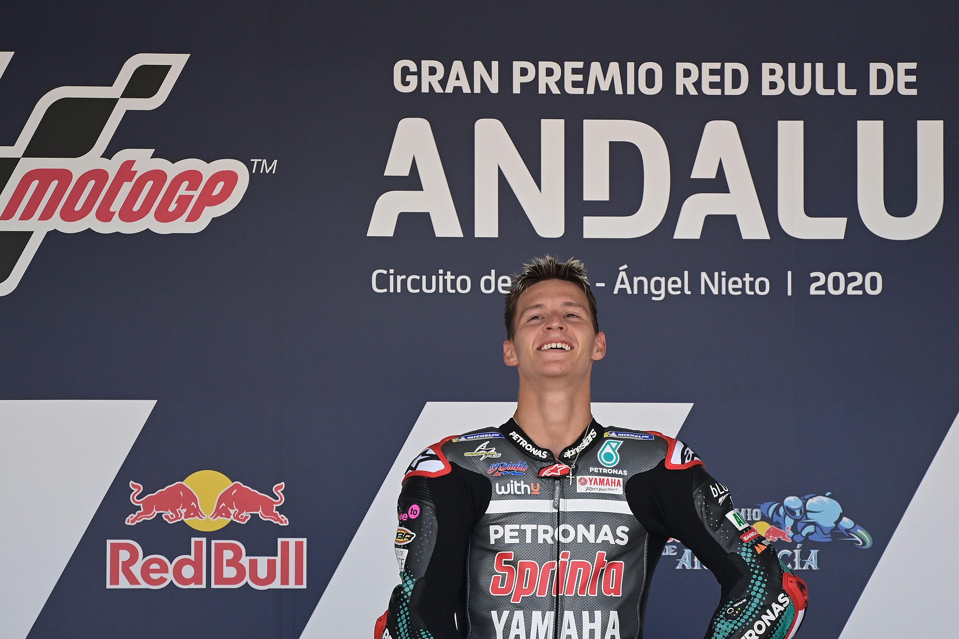 Pembalap Ptronas Yamaha SRT Fabio Quartarao di podium juara GP Andalusia