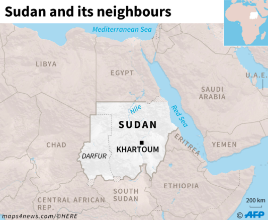 Peta Sudan dan negara-negara tetangganya.