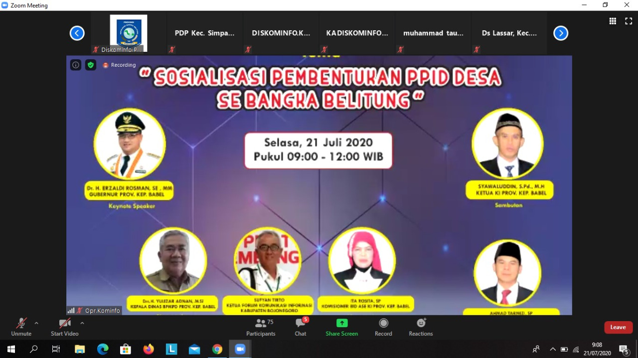  Webinar Sosialisasi Pembentukan PPID desa se-Bangka Belitung pada Selasa (21/7). 