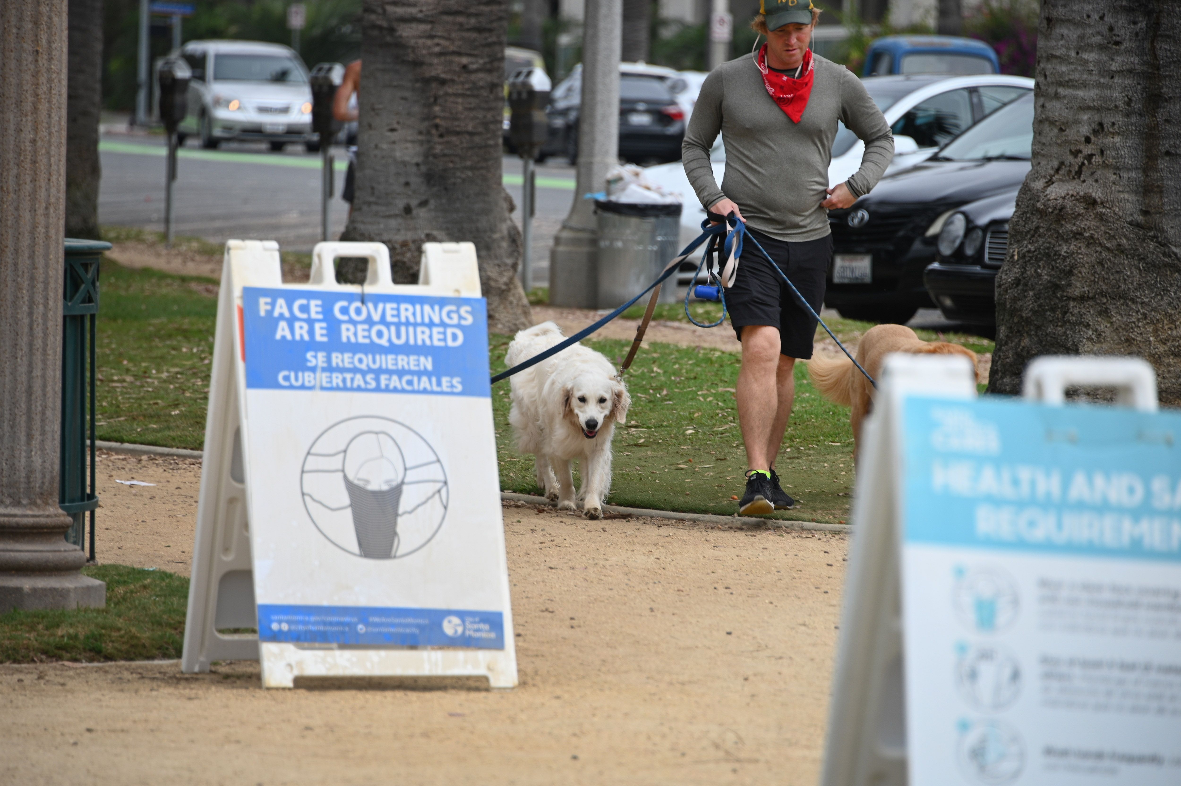 Pria yang tidak memakai masker dan anjingnya di Santa Monica, California (25 Juli 2020)