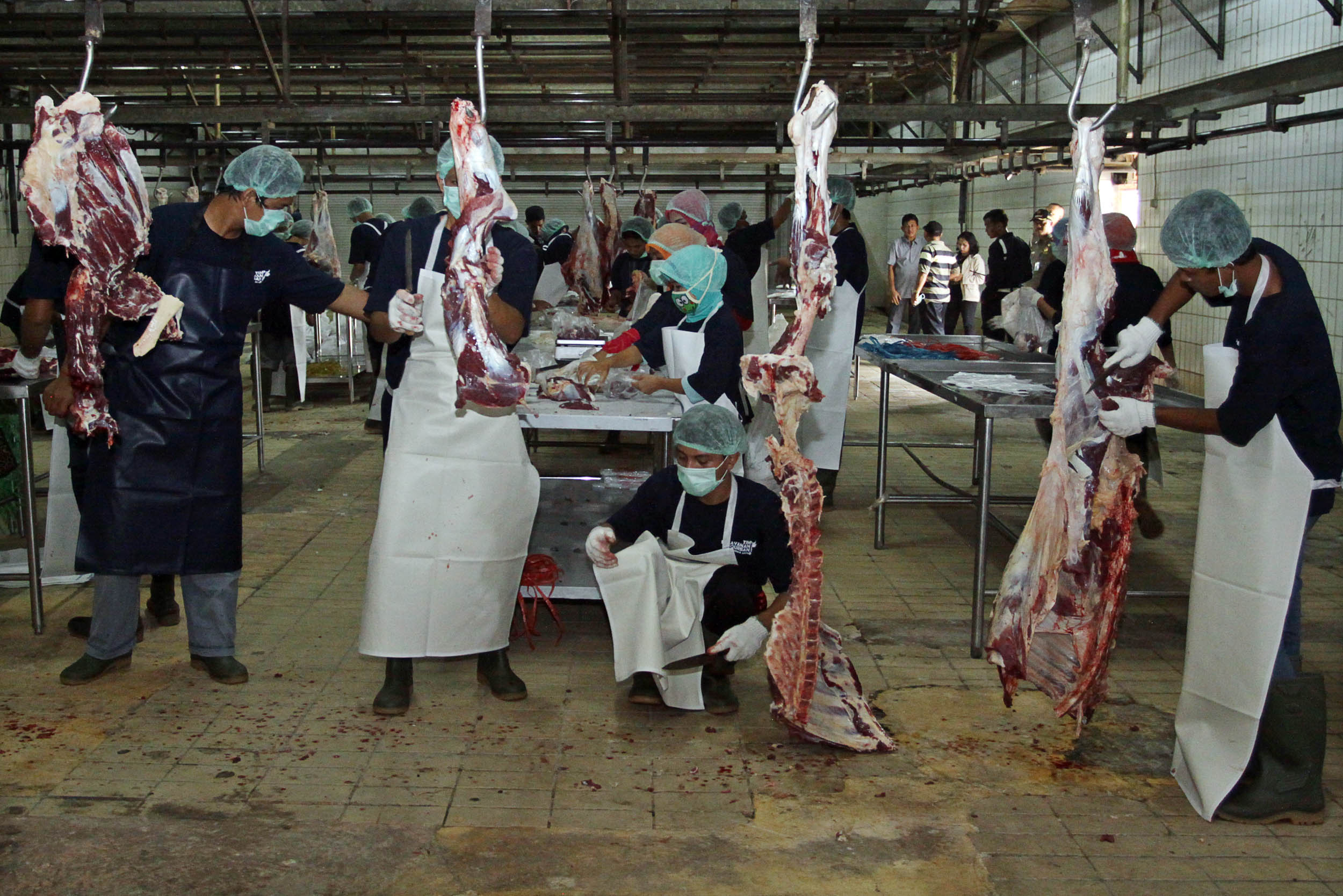 Petugas memotong sapi kurban saat Hari Raya Idul Adha 1437 H di Rumah Pemotongan Hewan (RPH) PD Dharma Jaya, Cakung, Jakarta