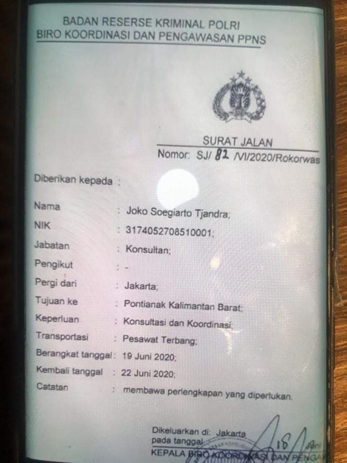 surat jalan untu buronan korupsi Joko S Tjandra  