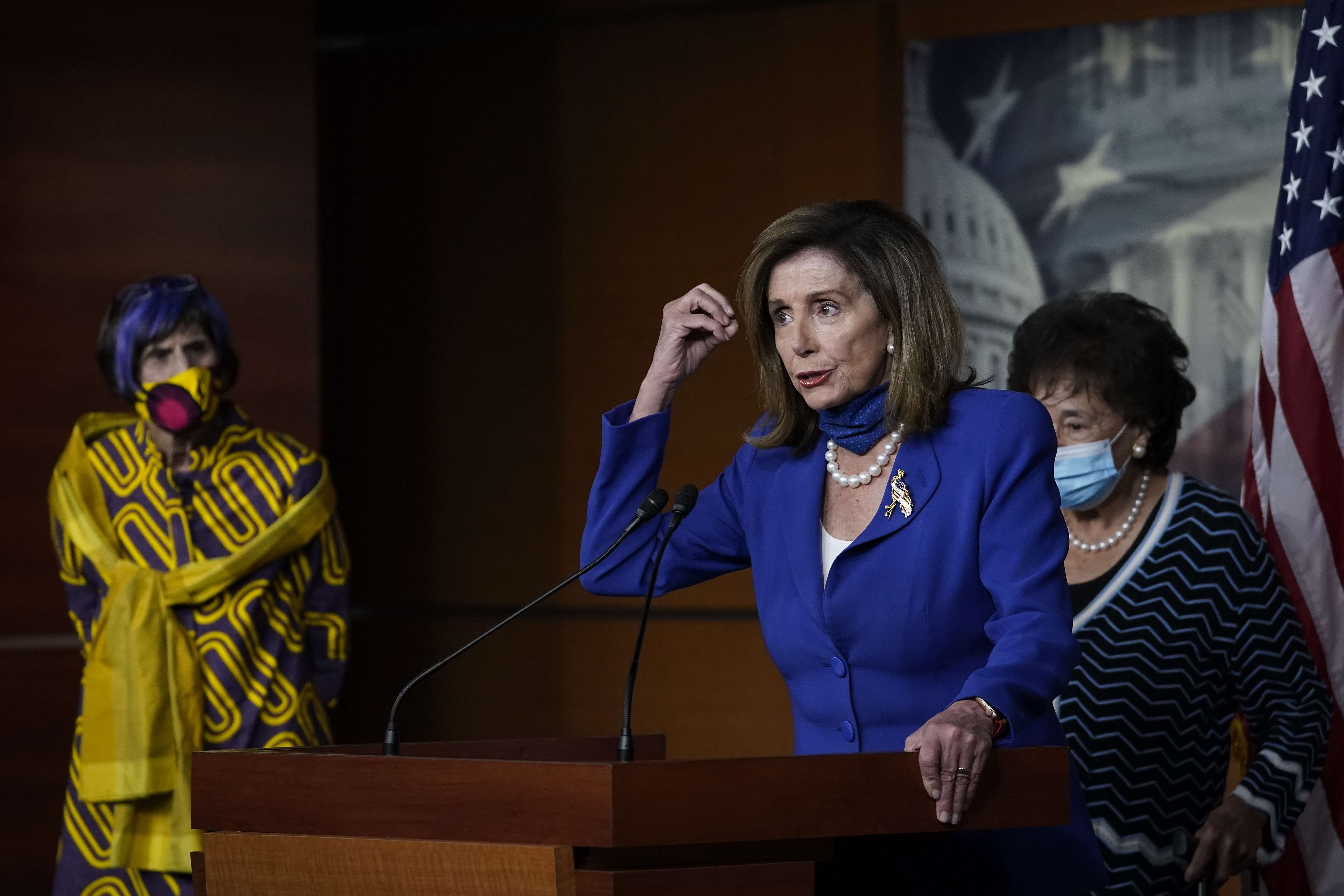 Ketua DPR AS Nancy Pelosi saat berbicara di event Child Care Is Essential Act and the Child Care For Economic Recovery Act (29/7/2020)