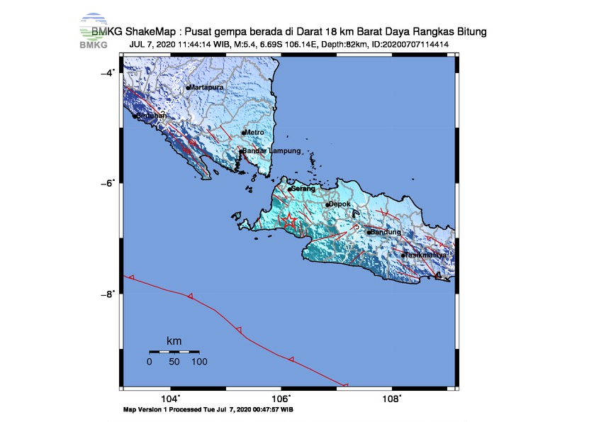 Lokasi episentrum gempa Lebak, Banten, Selasa (7/7).