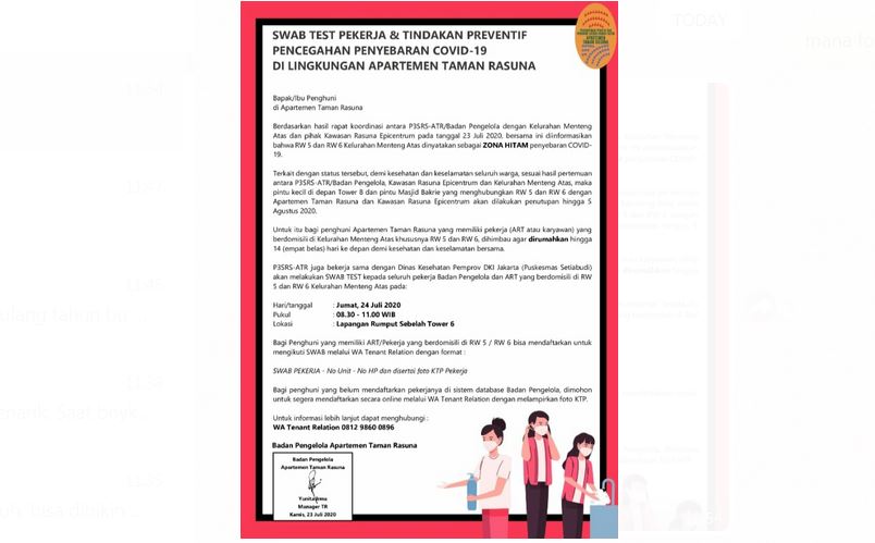Surat dari  pengelola Apartemen Taman Rasuna kepada warga RW 05 dan 06 Kelurahan Menteng Atas, Setiabudi, Jakarta Selatan