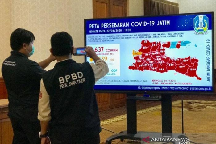 Peta sebaran COVID-19 di wilayah Jatim saat ditampilkan di Gedung Negara Grahadi di Jalan Gubernur Suryo Surabaya.