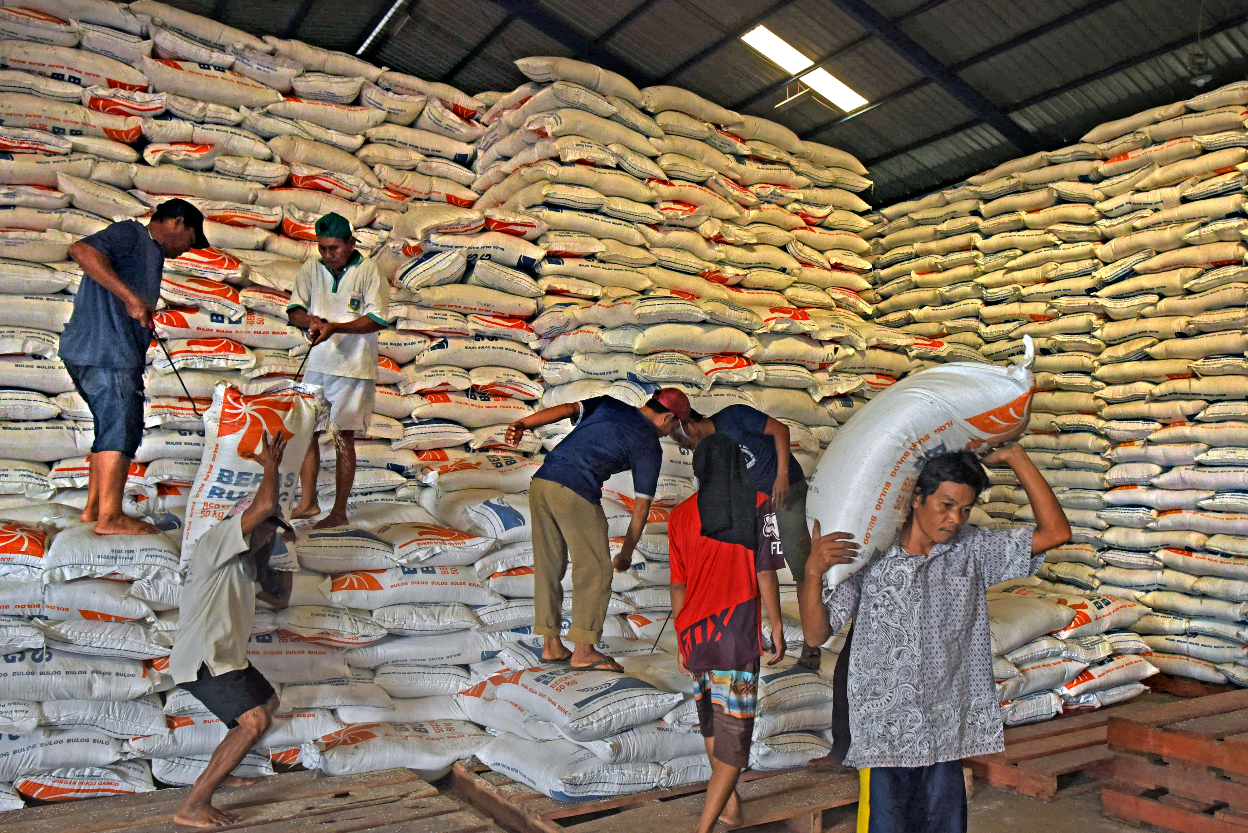 Pekerja mengangkut beras di gudang Bulog Serang