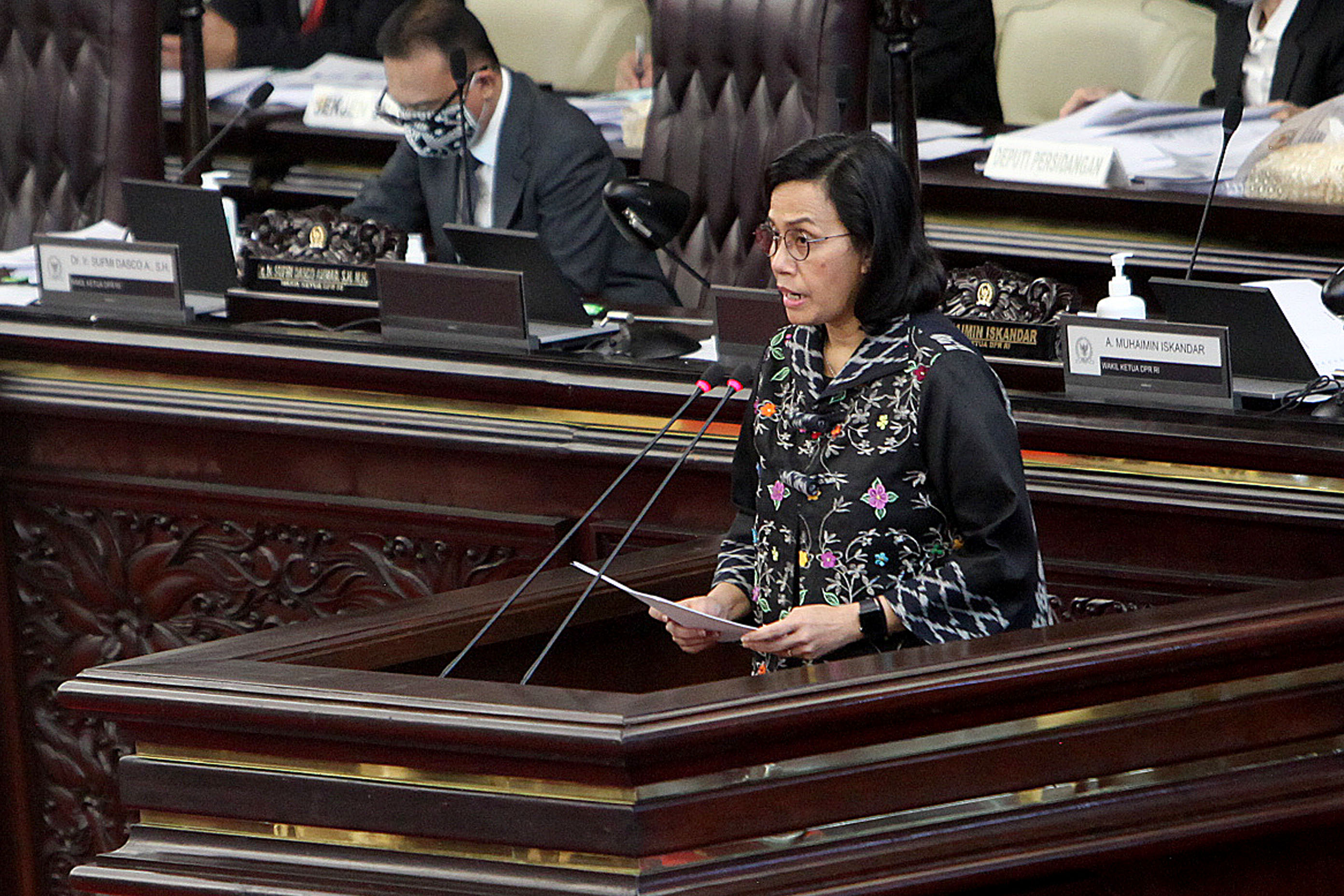 Menkeu Sri Mulyani saat menyampaikan pidato dalam Sidang Paripurna DPR RI. ​​​​​​​