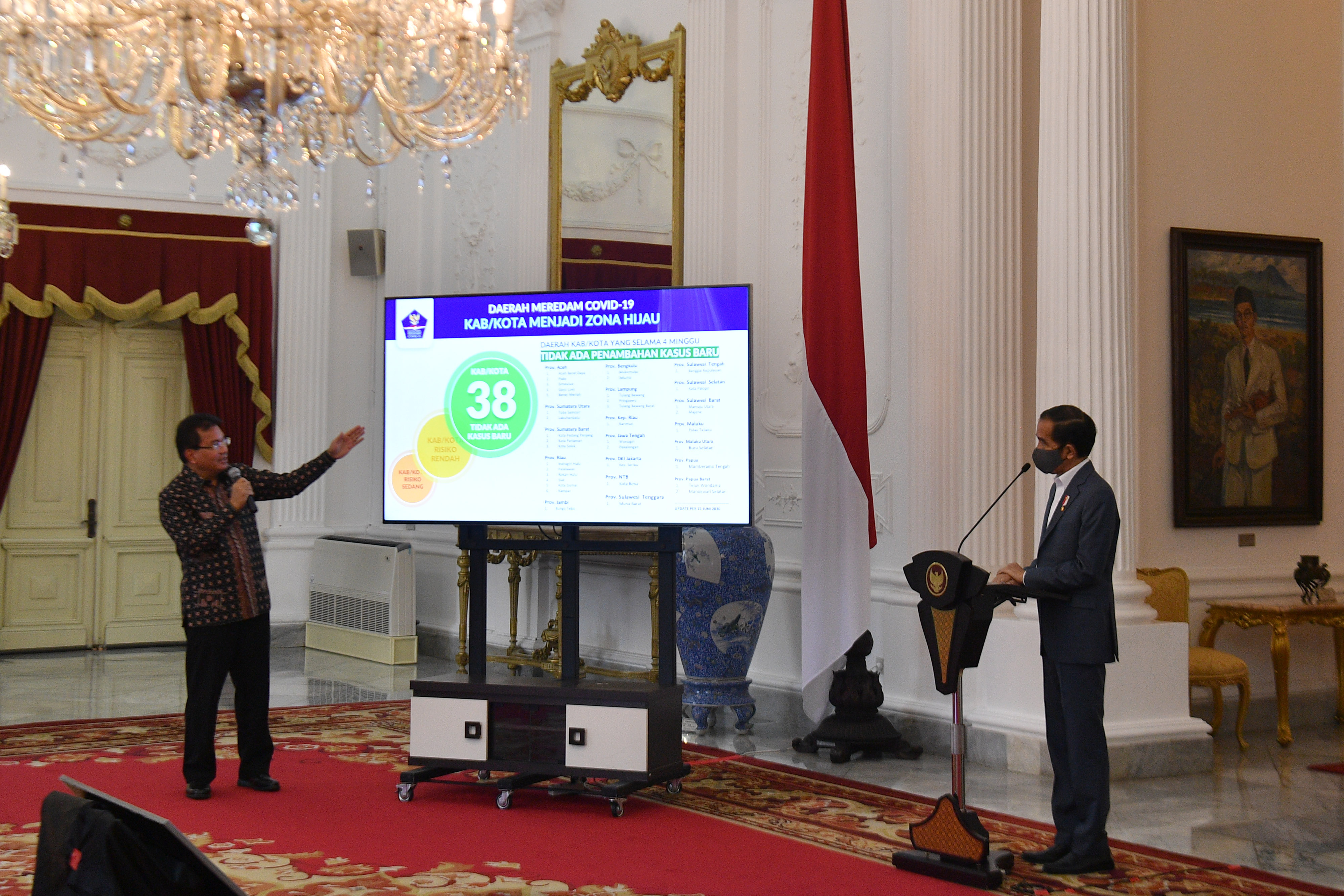 Presiden Joko Widodo (kanan) menyimak penjelasan Profesor  Wiku Adisasmito di Istana Merdeka, Jakarta, Rabu (24/6).