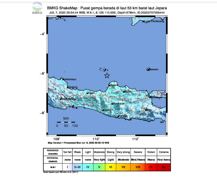 Gempa magnitudo 6,1 di utara Jepara, Jawa Tengah, dengan kedalaman 578 kilometer (km) menjadi gempa pertama yang terjadi pada Selasa (7/7). 