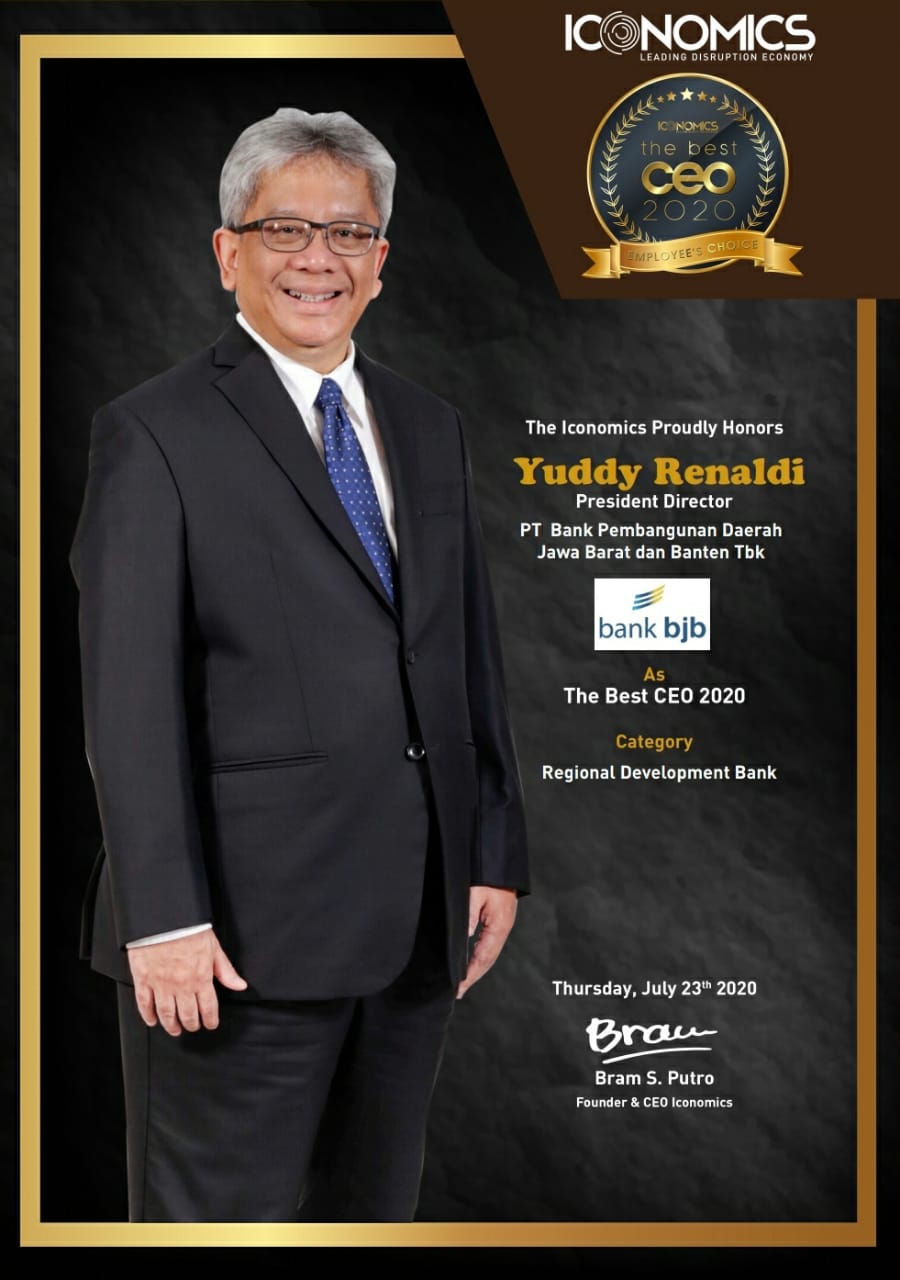  Direktur Utama Bank BJB Yuddy Renaldi meraih  gelar Best CEO In Regional Development Bank Category di ajang Employees' Choice Awards 2020.
