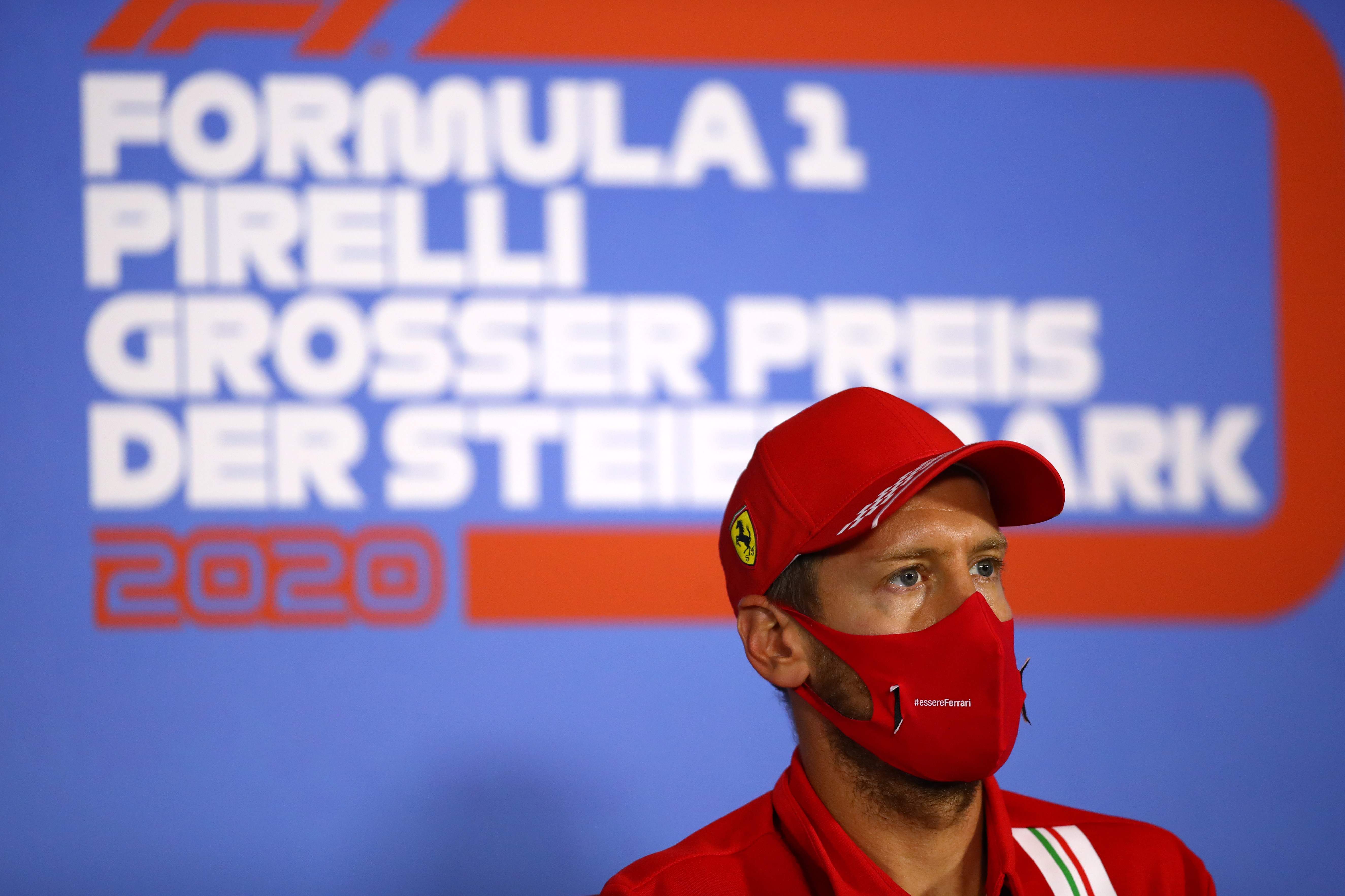 Pebalap tim Ferrari Sebastian Vettel saat menghadiri konferensi pers Formula 1 Styrian Grand Prix di Spielberg, Austria, Kamis (9/7/2020)
