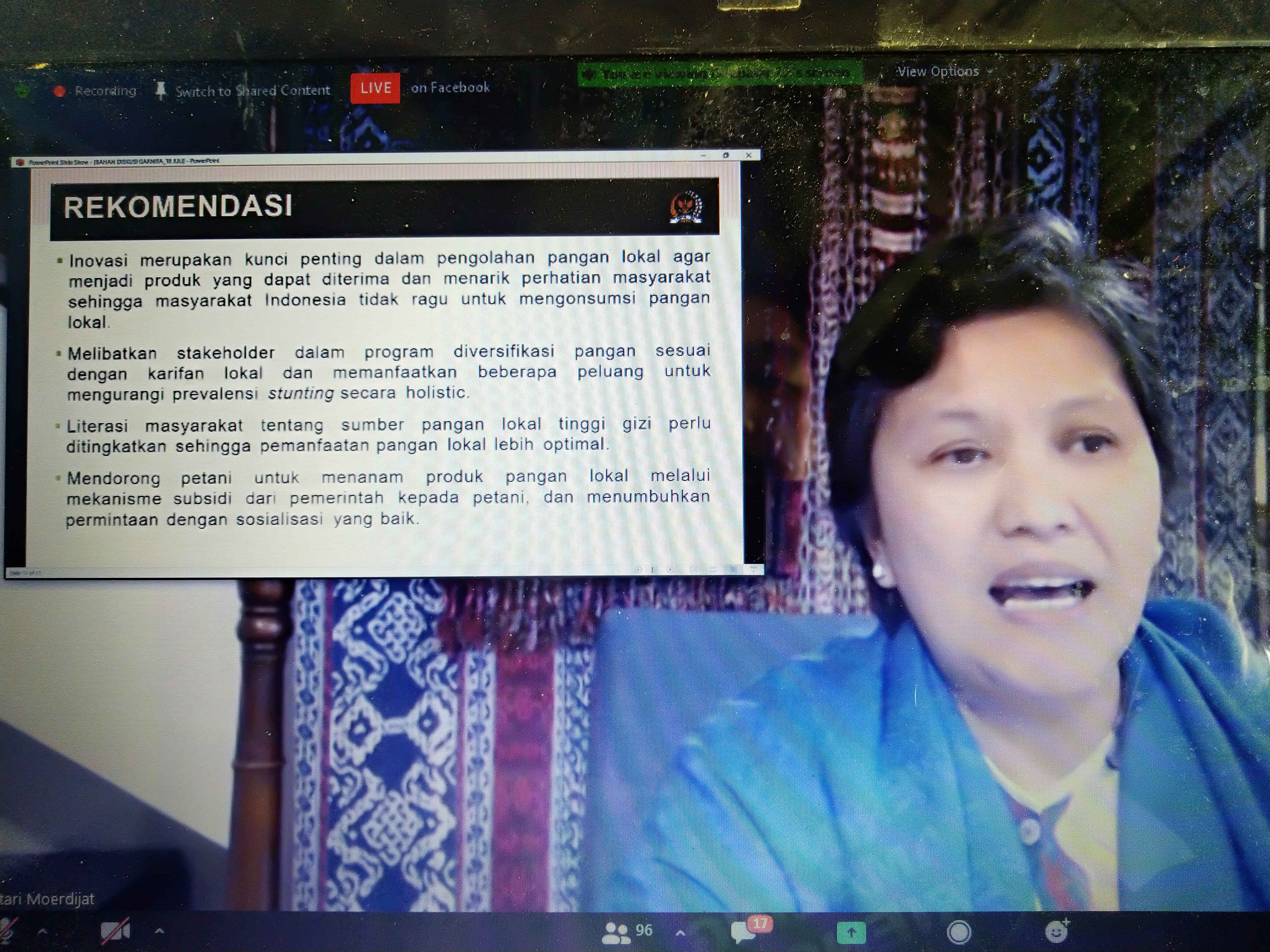 Wakil Ketua MPR RI Lestari Moerdijat dalam diskusi Diversifikasi Pangan DPP Garnita Malahayati NasDem di Jakarta, kemarin.