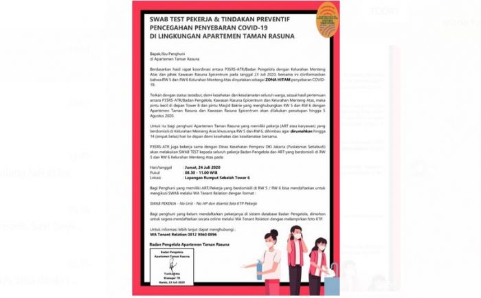 Surat dari pengelola Apartemen Taman Rasuna kepada warga RW 05 dan 06 Kelurahan Menteng Atas, Setiabudi, Jakarta Selatan  