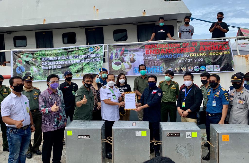 Proses penyerahan repatriasi satwa dari Filipina di Bitung, Sulawesi Utara, pada Kamis (30/7) 