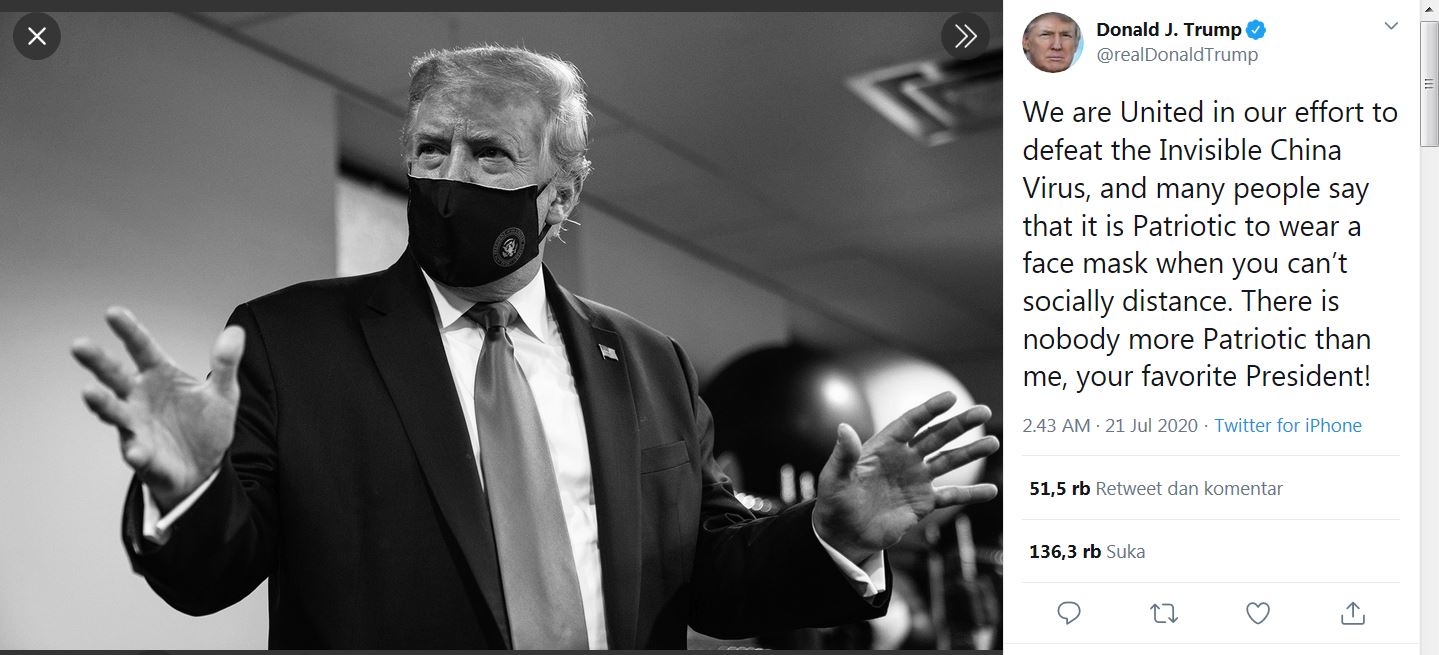 Presiden AS Donald Trump mempromosikan penggunaan masker di akun Twitter miliknya.