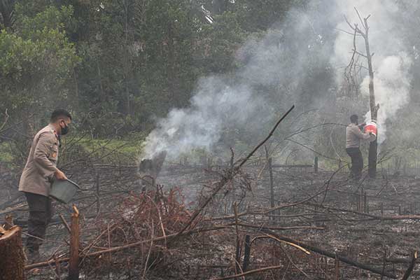 Petugas sedang memadamkan api yg membakar lahan