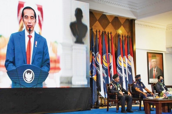 Presiden Joko Widodo menyampaikan pidato secara virtual pada pembukaan HUT ABN Nasdem, Jakarta, kemarin.