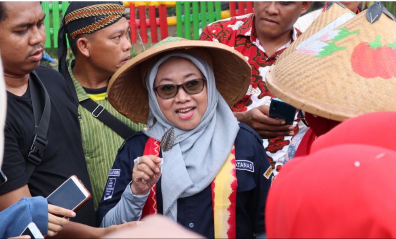 Sekretaris Badan Penyuluhan dan Pengembangan SDM Pertanian (BPPSDMP) Siti Munifah di tengah petani dan penyuluh.