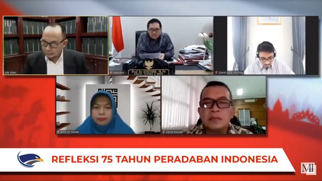 Tangkapan layar webinar refleksi 75 tahun peradaban Indonesia yang digelar oleh News Research Centre Media Group, hari ini.