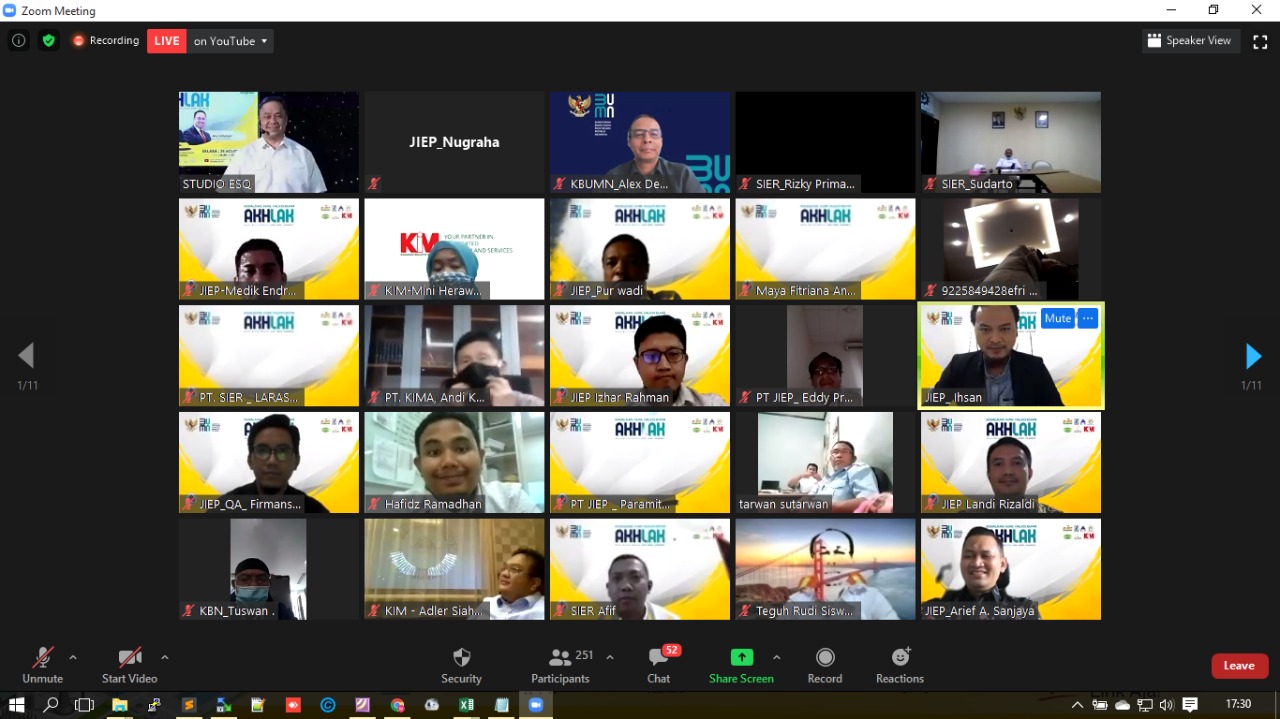 Webinar sosialisasi nilai-nilai akhlak BUMN yang diikuti oleh internal JIEP dan juga seluruh direksi serta karyawan.