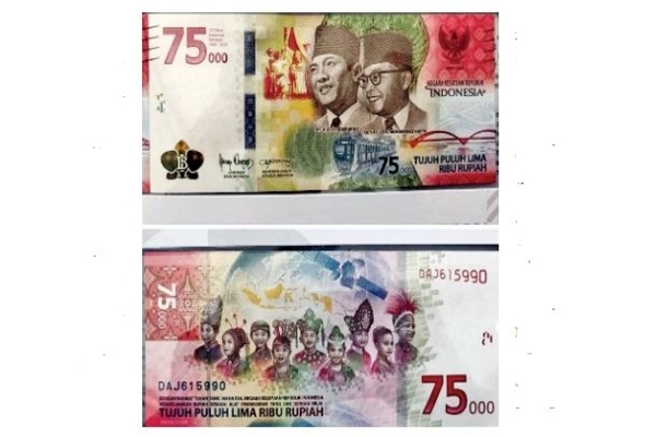 Contoh uang pecahan Rp75.000 yang diluncurkan secara virtual di Jakara, kemarin.