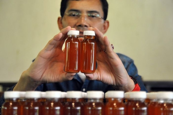 Peneliti Hadi Pranoto menunjukkan ramuan herbal untuk antibodi mencegah COVID-19, di Kota Bogor, Jawa Barat, Senin (3/8/2020).