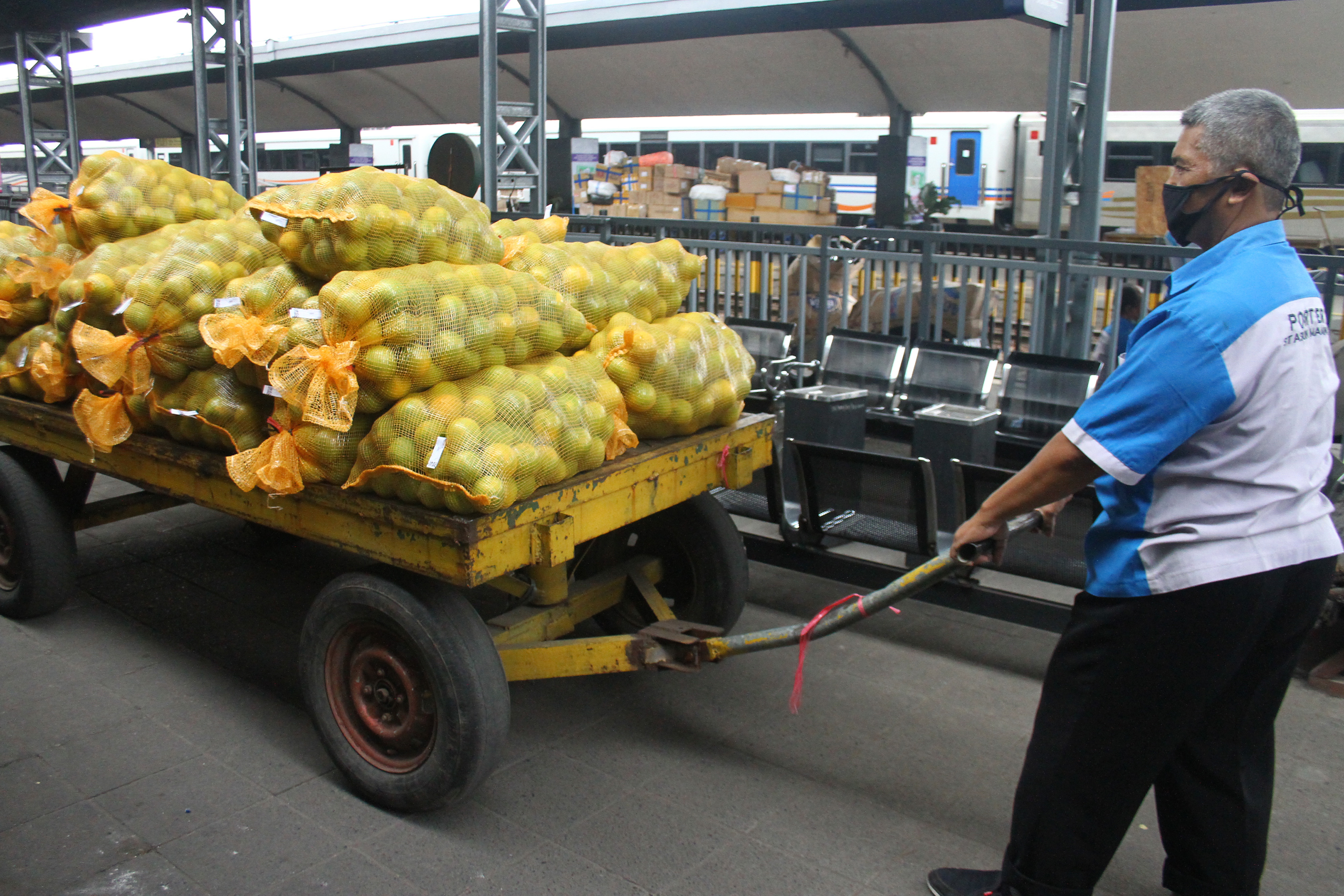Pekerja menarik troli barang bermuatan buah jeruk sebelum dikirim ke Jakarta di Gudang Rail Express, Malang, Jatim, beberapa waktu lalu.