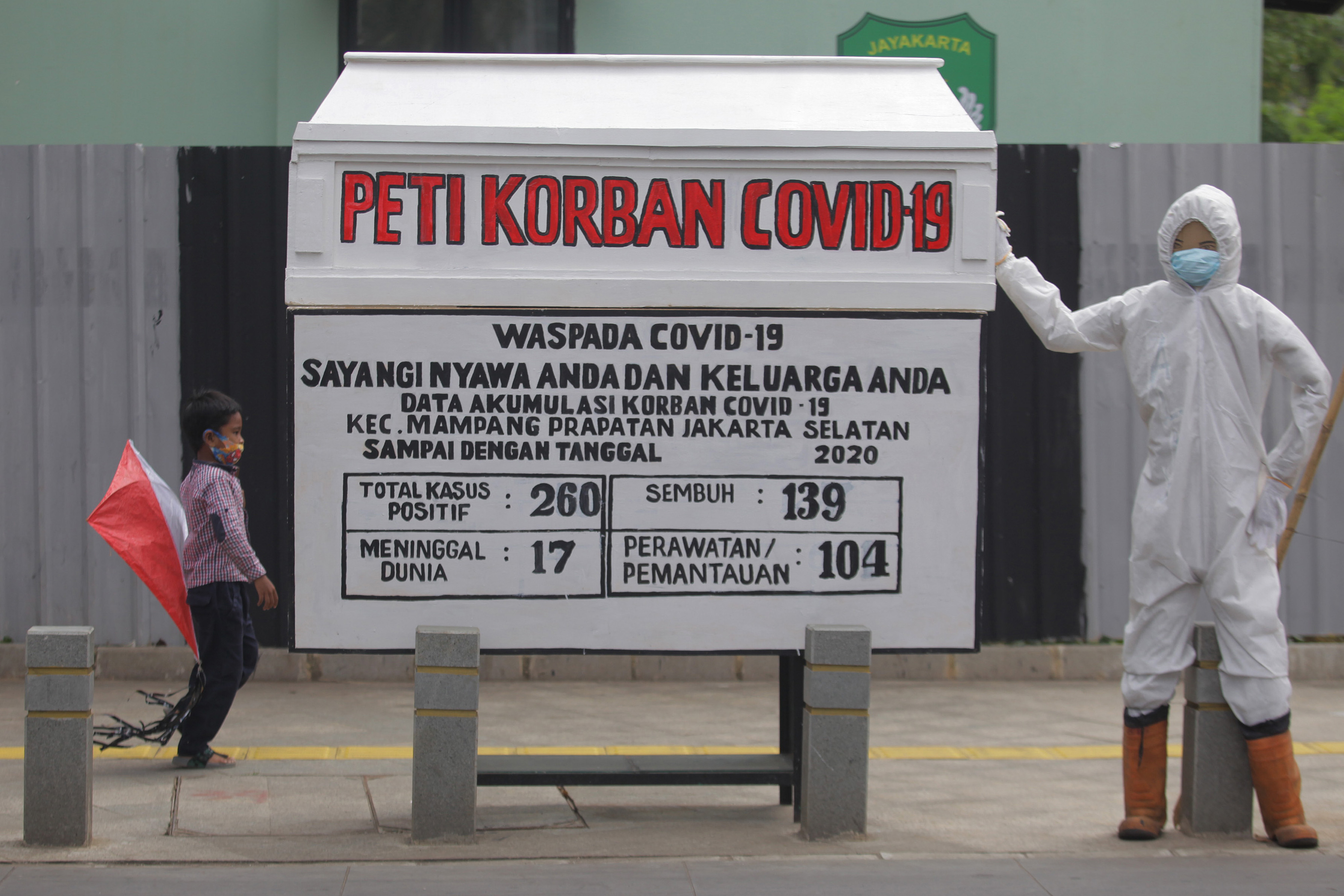 Seorang bocah berjalan di dekat papan informasi tentang jumlah warga terpapar COVID-19 di kawasan Kemang, Jakarta, Jumat (21/8/2020). 