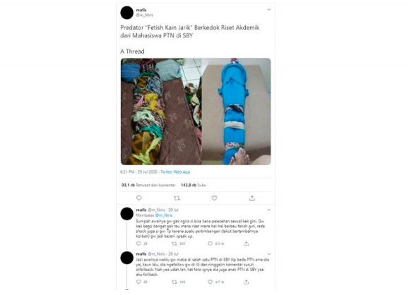 Tangkapan layar sebuah utas pemilik akun Twitter @m_fikris tentang fetish kain jarik berkedok riset.