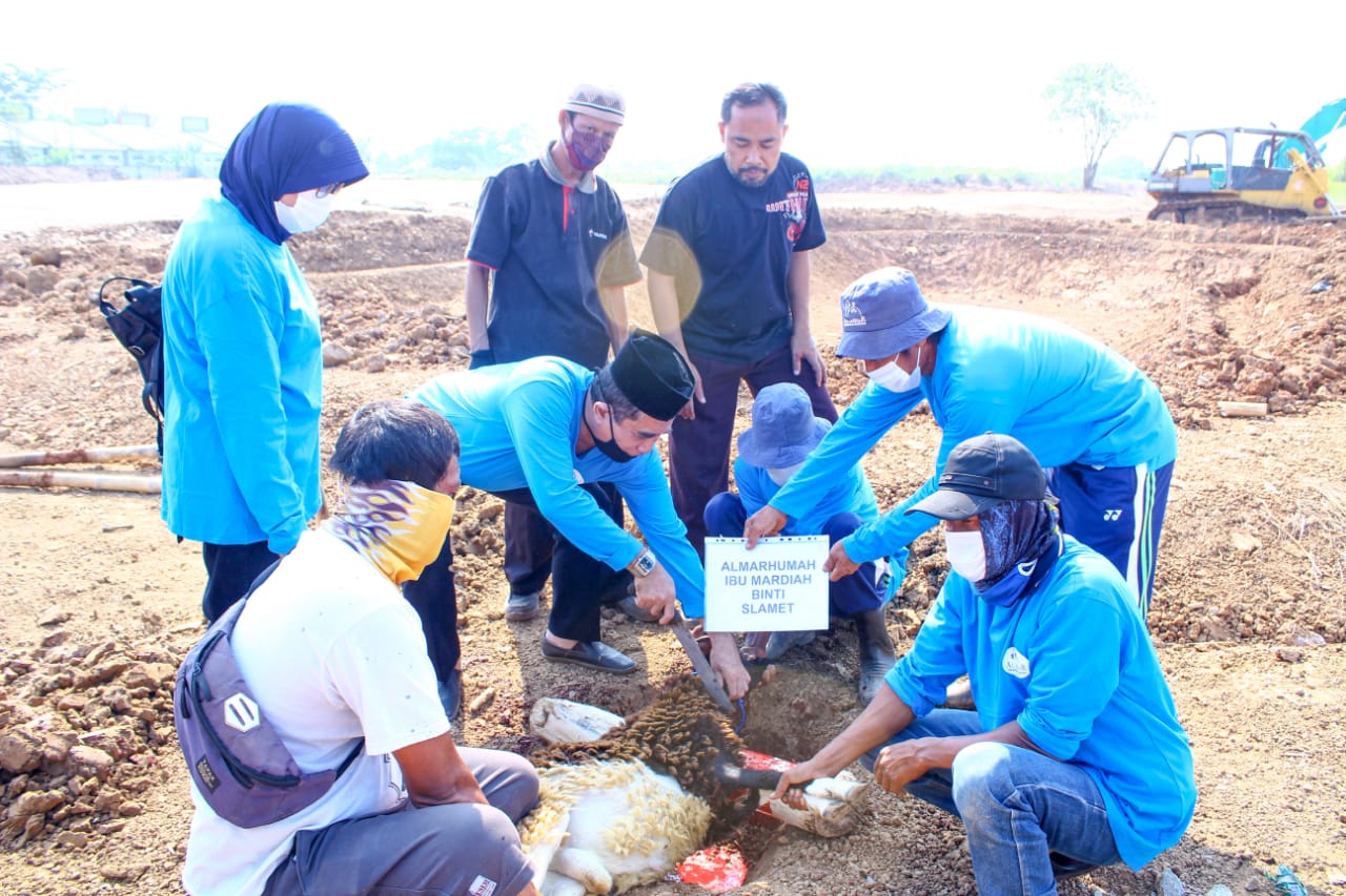 Penyembelihan hewan kurban di lingkungan pemakaman Islam Al Azhar, Karawang.