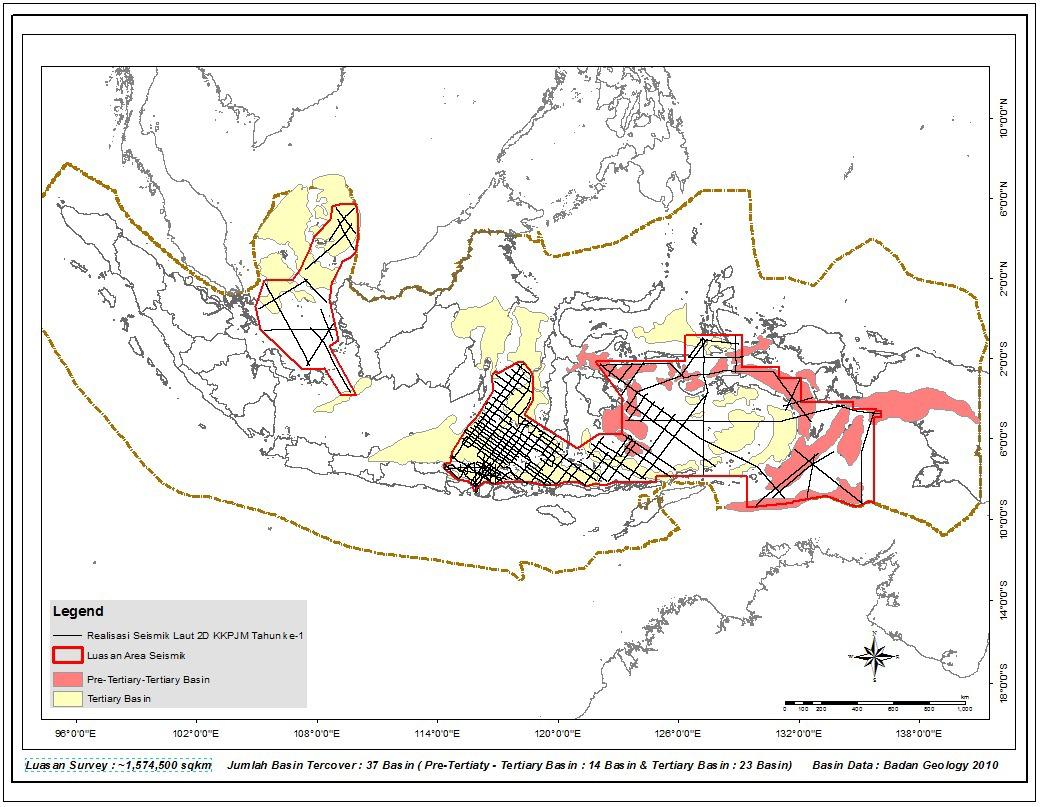 Peta survey seismik 2D Komitmen Kerja Pasti (KKP) Wilayah Kerja Jambi Merang sepanjang 31.908 km2. 