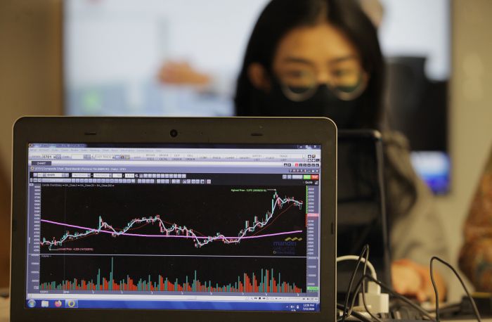 Karyawan memantau pergerakan harga saham di Kantor Mandiri Sekuritas, Jakarta  