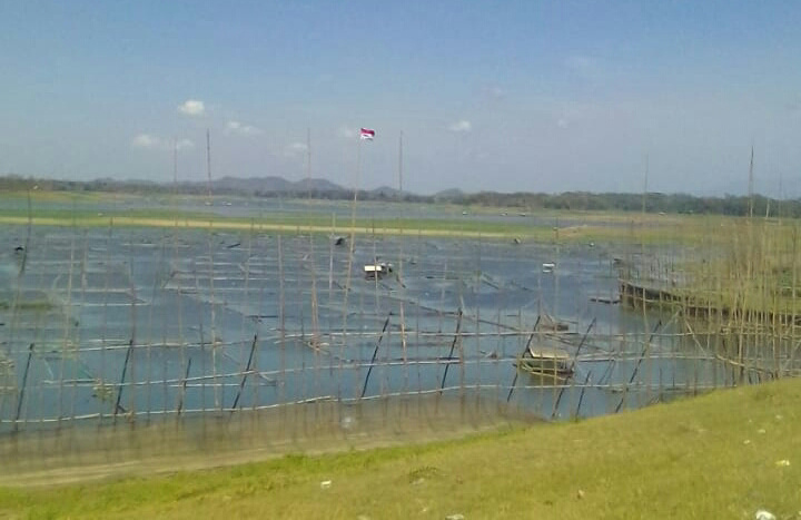 Kondisi waduk Sutami di Kabupaten Malang, Jawa Timur, air bakunya menyusut akibat kekeringan.