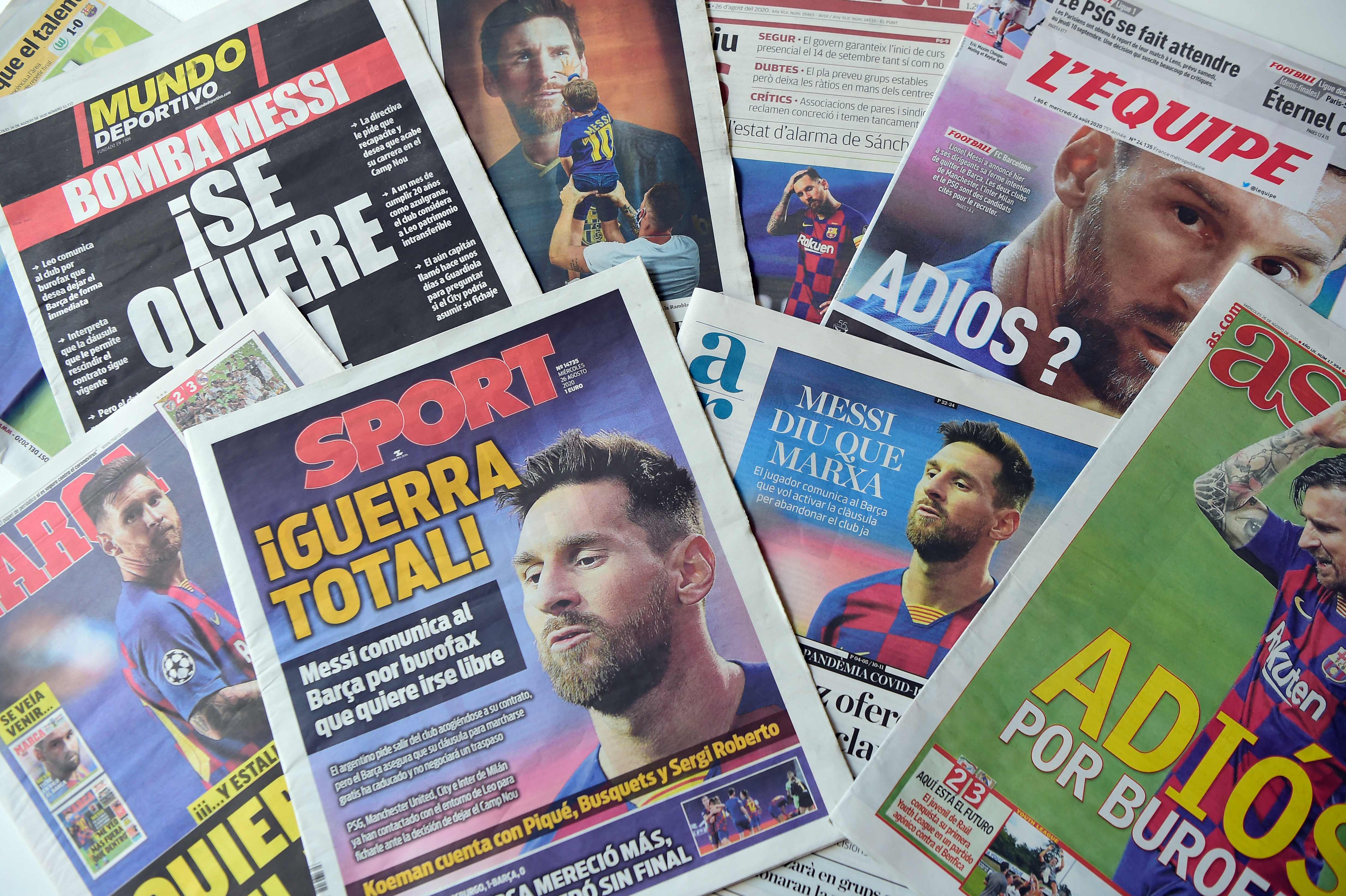 Headline sejumlah media lokal yang menyoroti kabar kepindahan Messi dari Barcelona. 