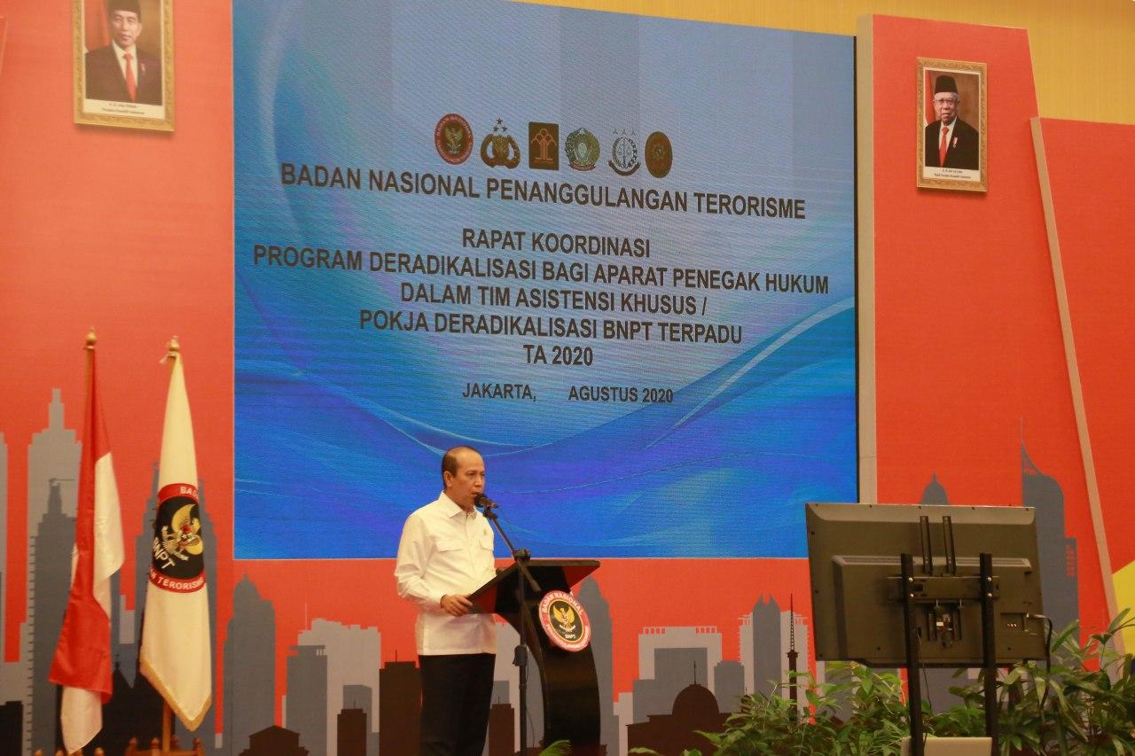 Kepala BNPT Boy Rafli Amar saat pembekalan kepada peserta rapat koordinasi program deradikalisasi bagi aparat penegak hukum.